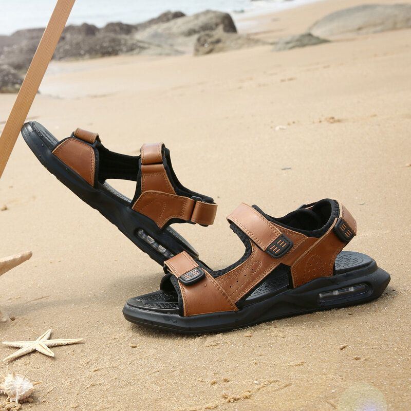 Heren Outdoor Sport-gedempte Comfortabele Leren Strandsandalen Met Haaklus