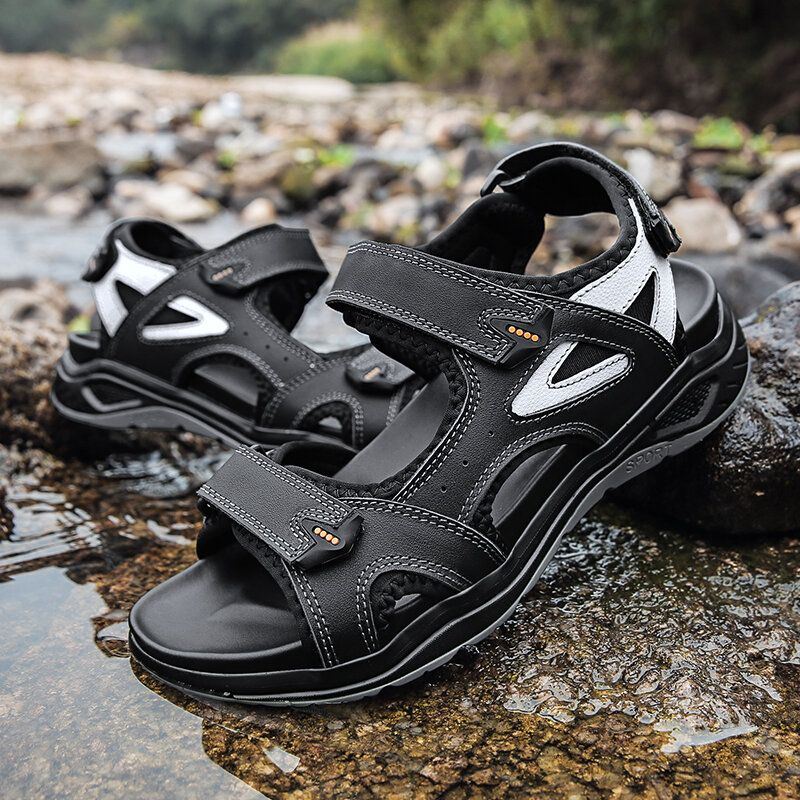 Heren Outdoor Stiksels Rundleer Klittenband Antislip Strandsandalen