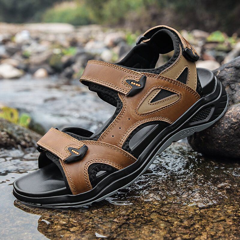 Heren Outdoor Stiksels Rundleer Klittenband Antislip Strandsandalen