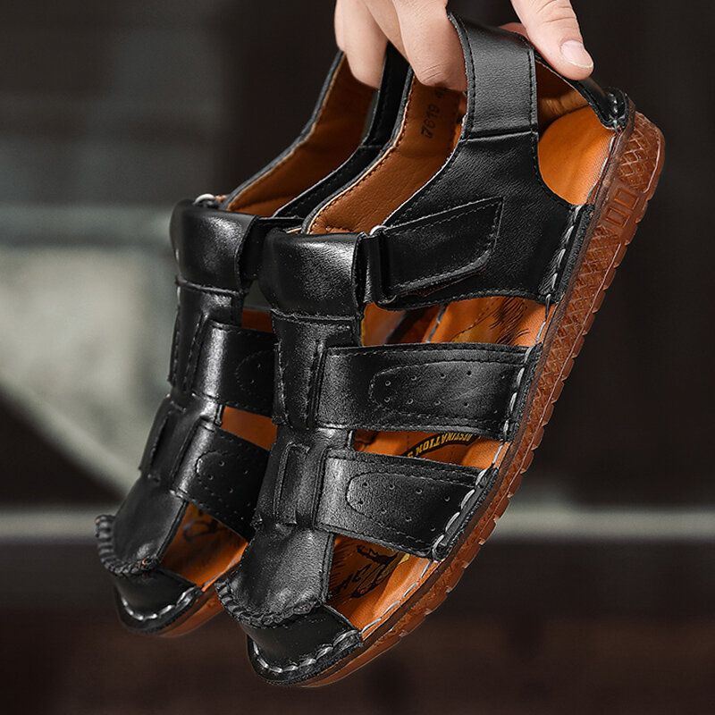 Heren Rundleder Antislip Zachte Zool Haaklus Gesloten Teen Casual Sandalen