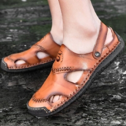 Heren Rundleer Ademend Handstiksel Zachte Bodem Comfortabele Outdoor Casual Sandalen