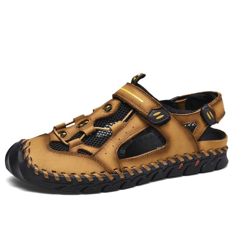 Heren Rundleer Ademend Mesh Antislip Handstiksels Zachte Outdoor Casual Sandalen