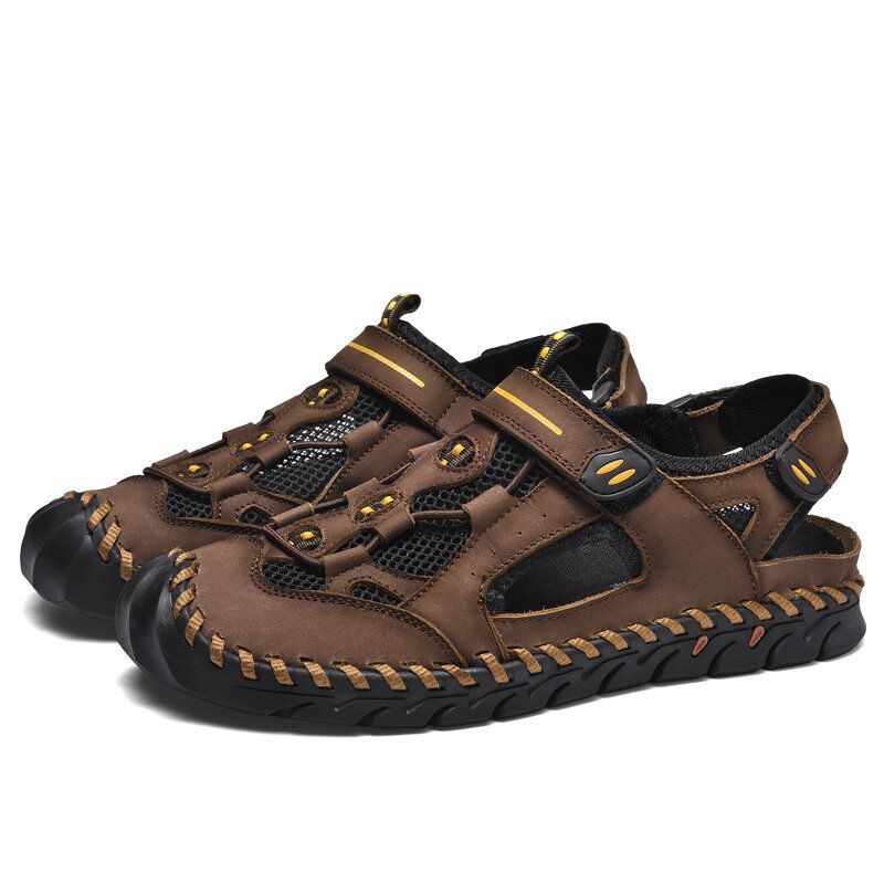 Heren Rundleer Ademend Mesh Antislip Handstiksels Zachte Outdoor Casual Sandalen