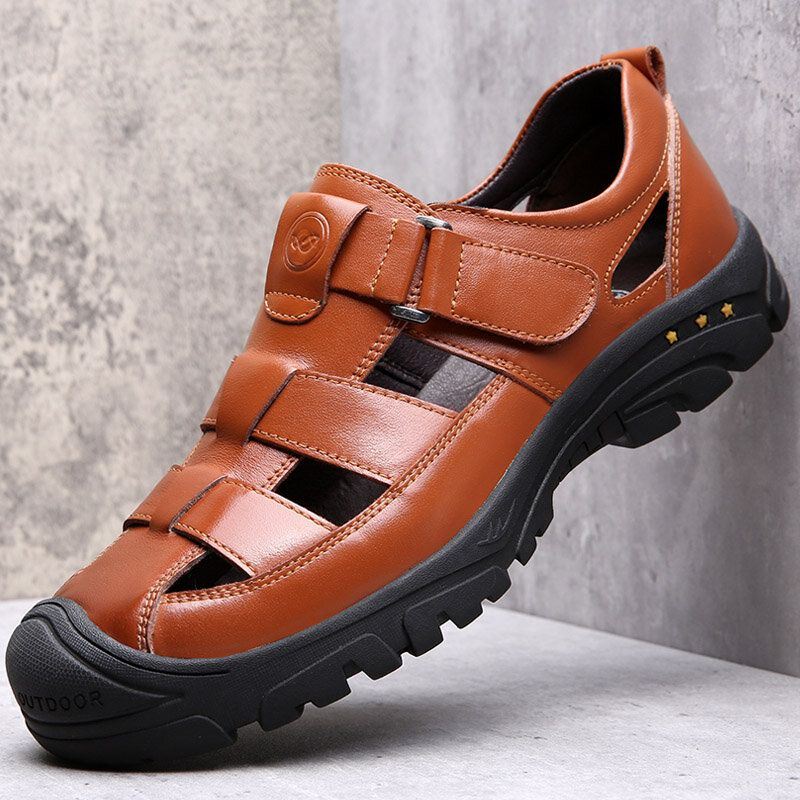 Heren Rundleer Ademend Uitgehold Zachte Bodem Antislip Gesloten Teen Casual Sandalen