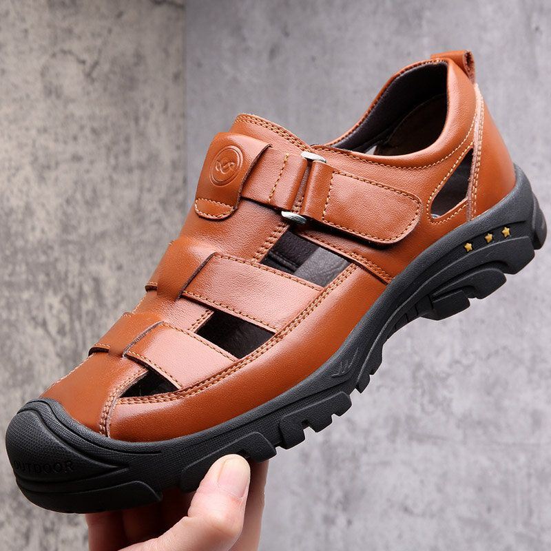 Heren Rundleer Ademend Uitgehold Zachte Bodem Antislip Gesloten Teen Casual Sandalen