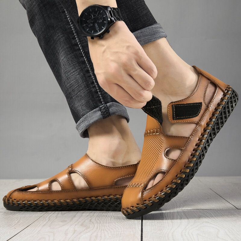 Heren Rundleer Hand Stiksels Antislip Soft Sole Casual Sandalen