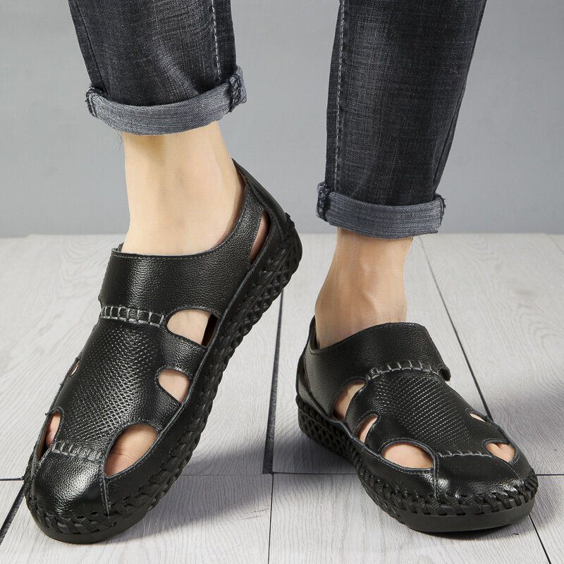 Heren Rundleer Hand Stiksels Antislip Soft Sole Casual Sandalen