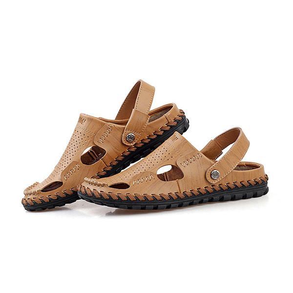 Heren Zomer Leren Sandaal Casual Ronde Neus Outdoor Platte Mode Zachte Strandslipper