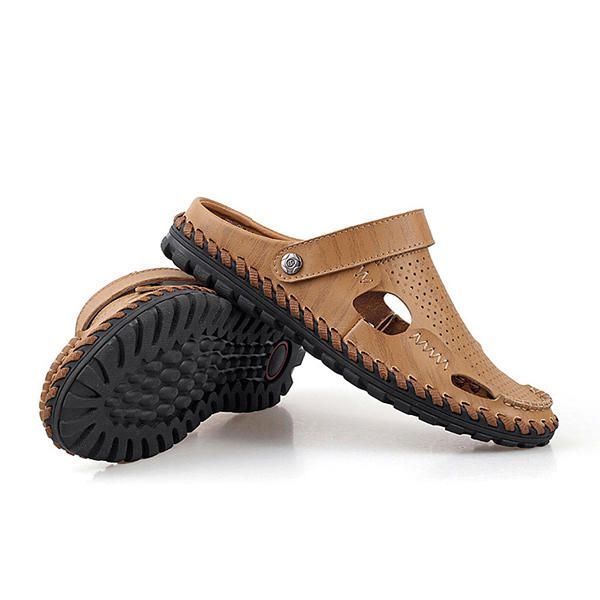 Heren Zomer Leren Sandaal Casual Ronde Neus Outdoor Platte Mode Zachte Strandslipper