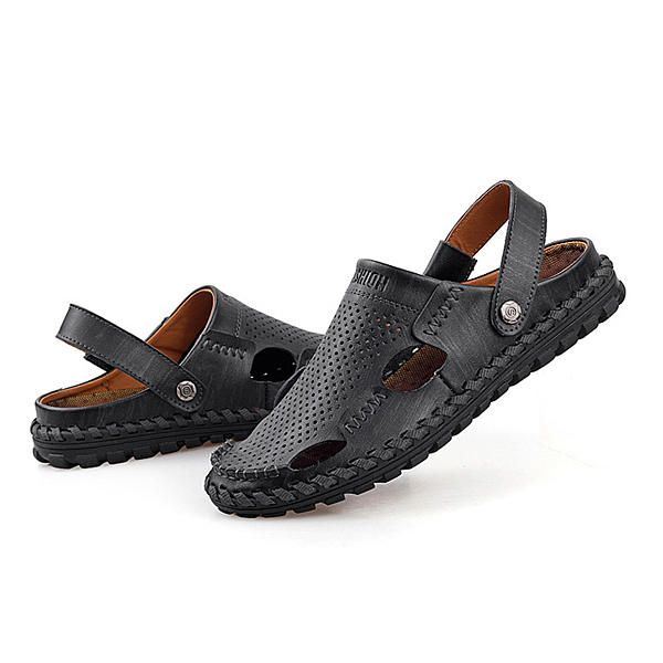 Heren Zomer Leren Sandaal Casual Ronde Neus Outdoor Platte Mode Zachte Strandslipper