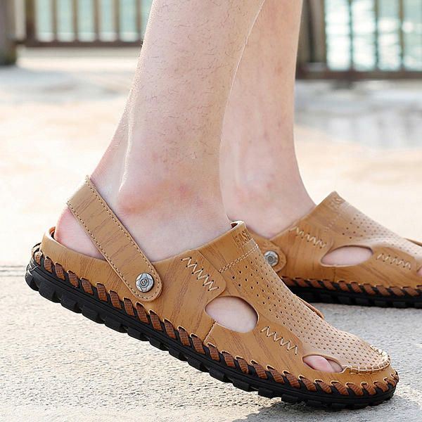 Heren Zomer Leren Sandaal Casual Ronde Neus Outdoor Platte Mode Zachte Strandslipper