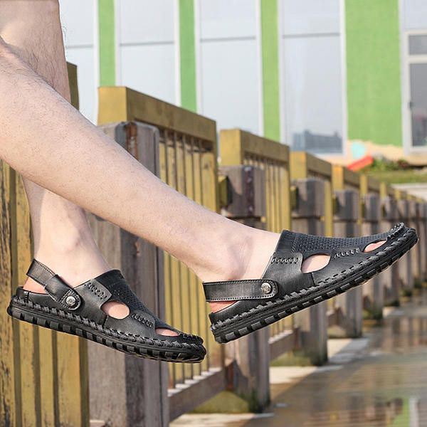 Heren Zomer Leren Sandaal Casual Ronde Neus Outdoor Platte Mode Zachte Strandslipper