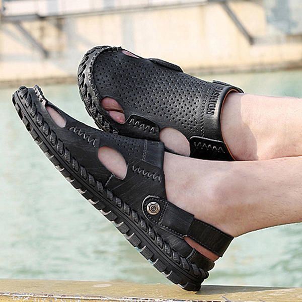 Heren Zomer Leren Sandaal Casual Ronde Neus Outdoor Platte Mode Zachte Strandslipper