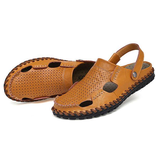 Heren Zomer Uitgehold Casual Outdoor Mode Lederen Strand Zachte Platte Sandaal Schoenen