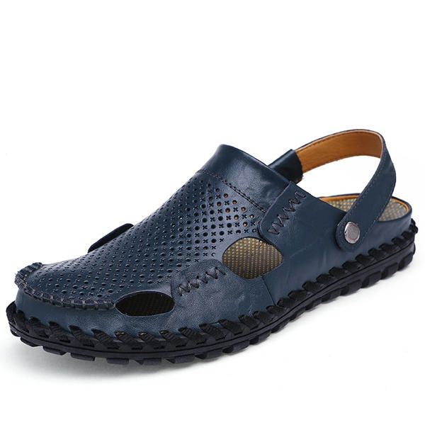 Heren Zomer Uitgehold Casual Outdoor Mode Lederen Strand Zachte Platte Sandaal Schoenen