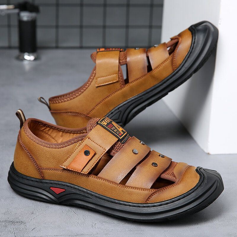 Herenlederen Ademende Teenbeschermde Zachte Bodem Strand Outdoor Sandalen