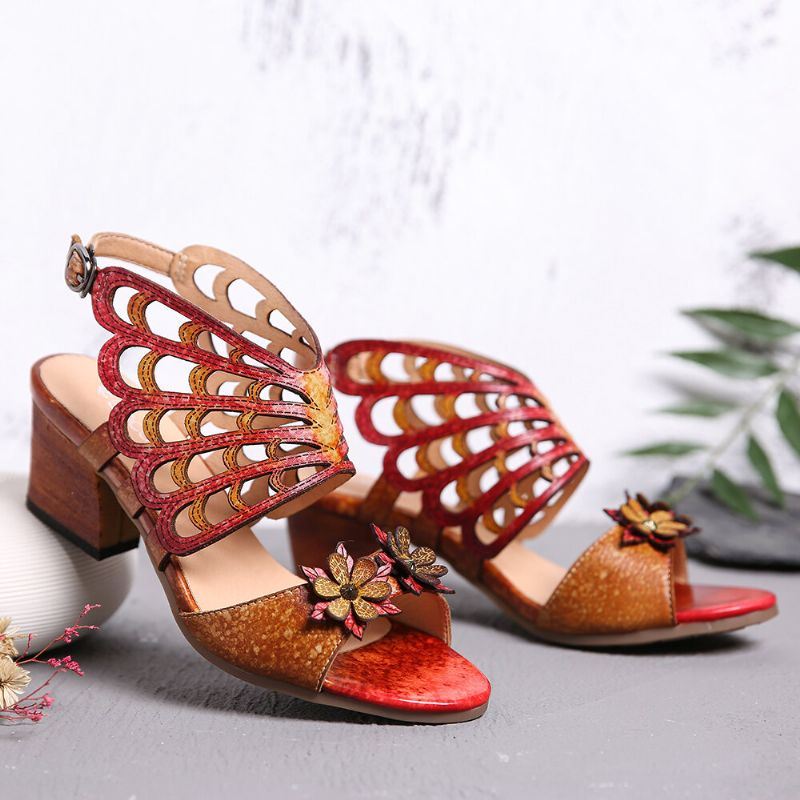 Leren Dames Bloemen Uitsparingen Vlindervleugels Gesp Slingback Blokhak Sandalen