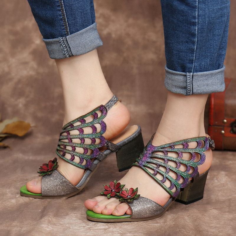 Leren Dames Bloemen Uitsparingen Vlindervleugels Gesp Slingback Blokhak Sandalen