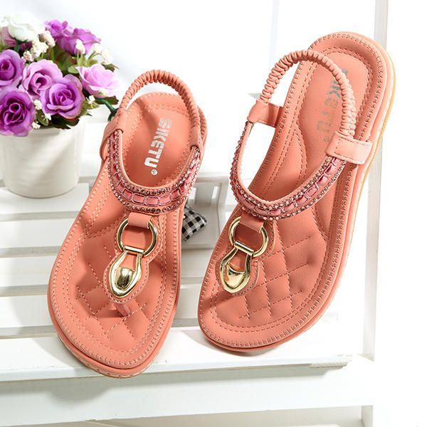 Metalen Decoratie Kralen Bohemen Elastische Clip Toe Toevallige Sandalen Dames Schoenen