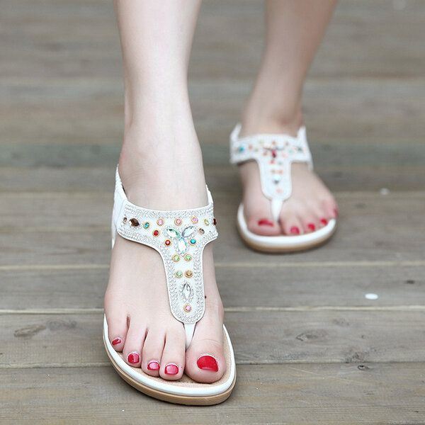 Strass Boheemse Strandslippers Voor Dames Peep-toe Platte Sandalen Slippers