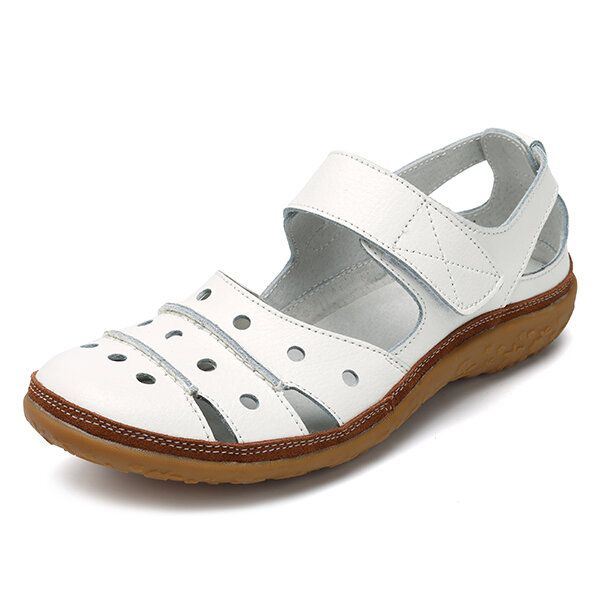 Zachte Lederen Holle Casual Platte Sandalen Met Klittenband Voor Dames