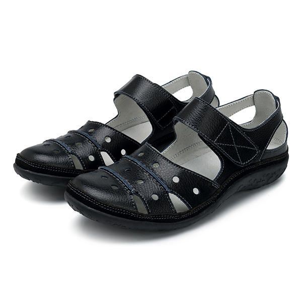 Zachte Lederen Holle Casual Platte Sandalen Met Klittenband Voor Dames