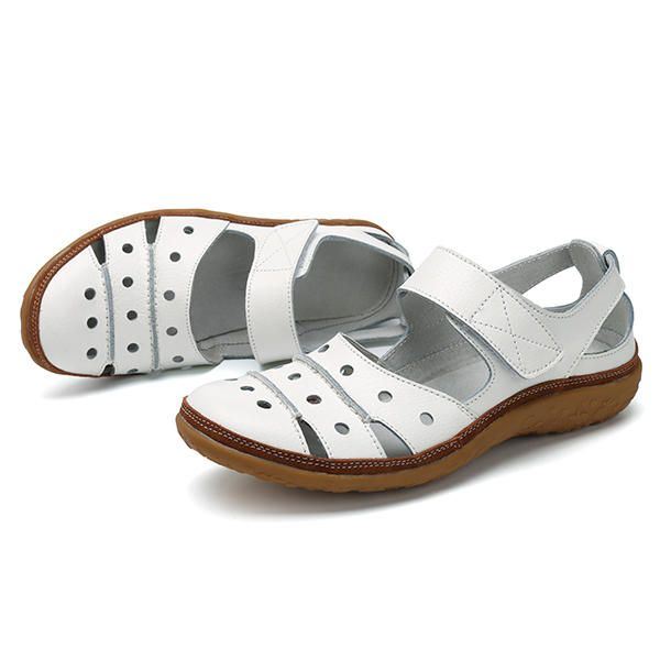 Zachte Lederen Holle Casual Platte Sandalen Met Klittenband Voor Dames