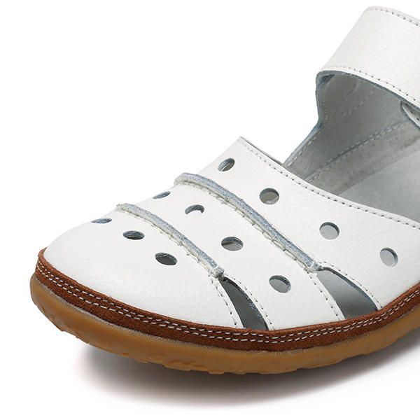 Zachte Lederen Holle Casual Platte Sandalen Met Klittenband Voor Dames