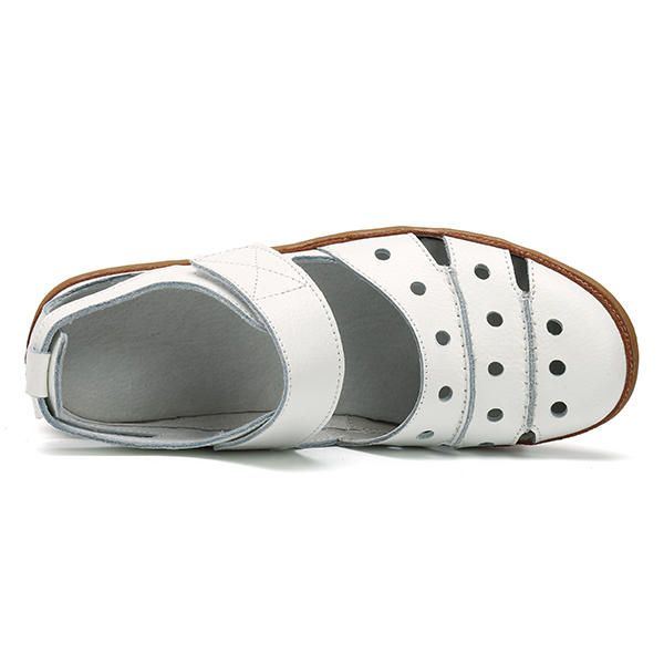 Zachte Lederen Holle Casual Platte Sandalen Met Klittenband Voor Dames