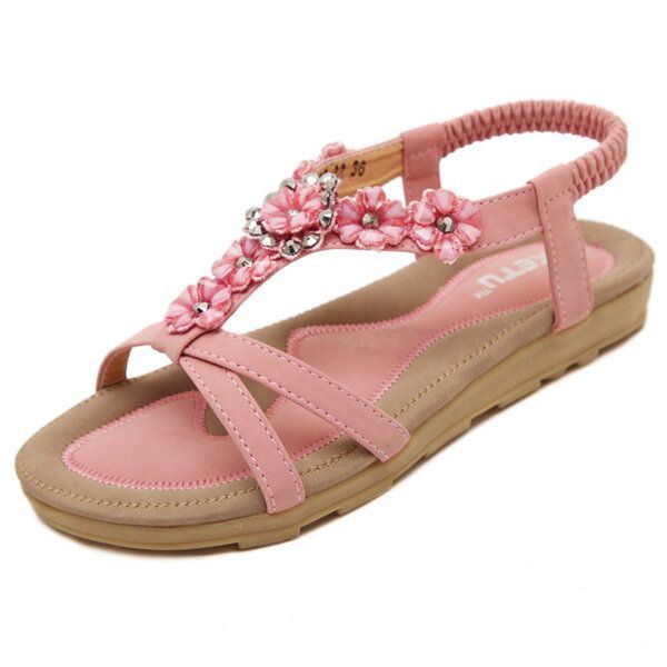 Zomer Dames Platte Sandalen Bloem Bohemian Casual Outdoor Comfortabele Lederen Schoenen