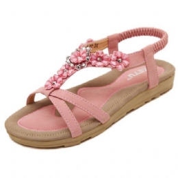 Zomer Dames Platte Sandalen Bloem Bohemian Casual Outdoor Comfortabele Lederen Schoenen