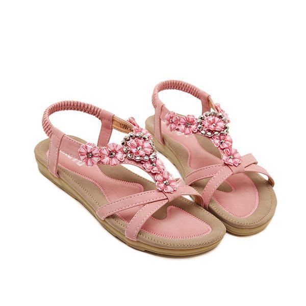 Zomer Dames Platte Sandalen Bloem Bohemian Casual Outdoor Comfortabele Lederen Schoenen