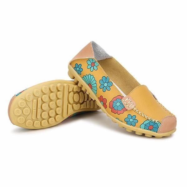 Big Size Dames Bloem Bloemen Lederen Loafers Mocassins Flats Zachte Balletschoenen Ronde Neus Flats