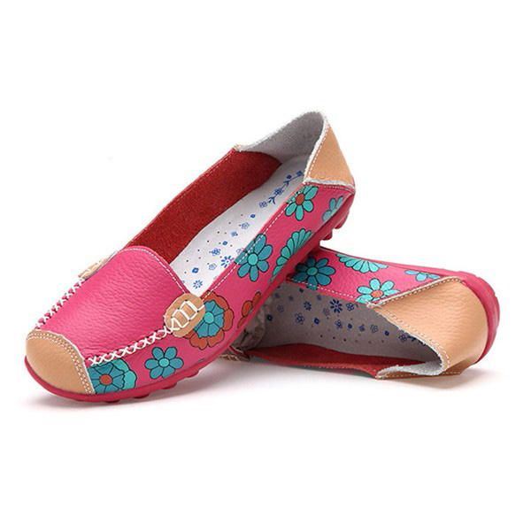 Big Size Dames Bloem Bloemen Lederen Loafers Mocassins Flats Zachte Balletschoenen Ronde Neus Flats