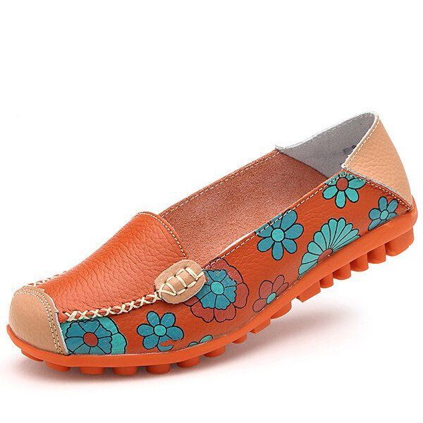 Big Size Dames Bloem Bloemen Lederen Loafers Mocassins Flats Zachte Balletschoenen Ronde Neus Flats