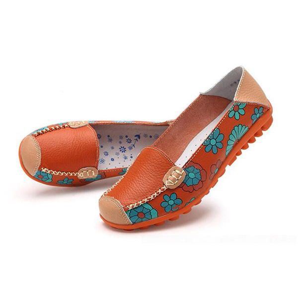 Big Size Dames Bloem Bloemen Lederen Loafers Mocassins Flats Zachte Balletschoenen Ronde Neus Flats