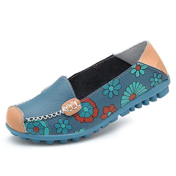 Big Size Dames Bloem Bloemen Lederen Loafers Mocassins Flats Zachte Balletschoenen Ronde Neus Flats