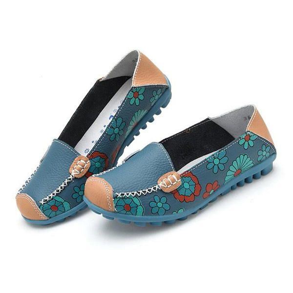 Big Size Dames Bloem Bloemen Lederen Loafers Mocassins Flats Zachte Balletschoenen Ronde Neus Flats