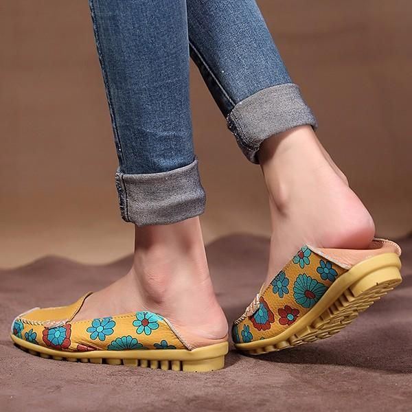 Big Size Dames Bloem Bloemen Lederen Loafers Mocassins Flats Zachte Balletschoenen Ronde Neus Flats