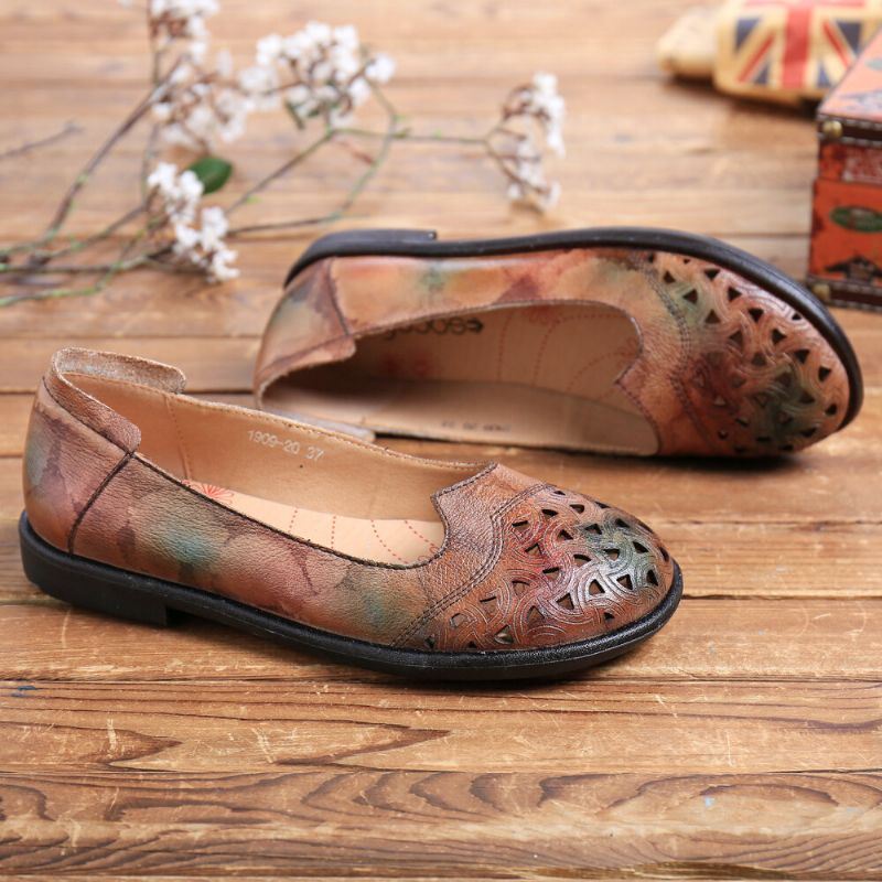 Boheemse Leer Hollow Tie-dyed Soft Casual Instappers Platte Schoenen Voor Dames