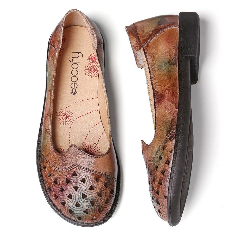 Boheemse Leer Hollow Tie-dyed Soft Casual Instappers Platte Schoenen Voor Dames