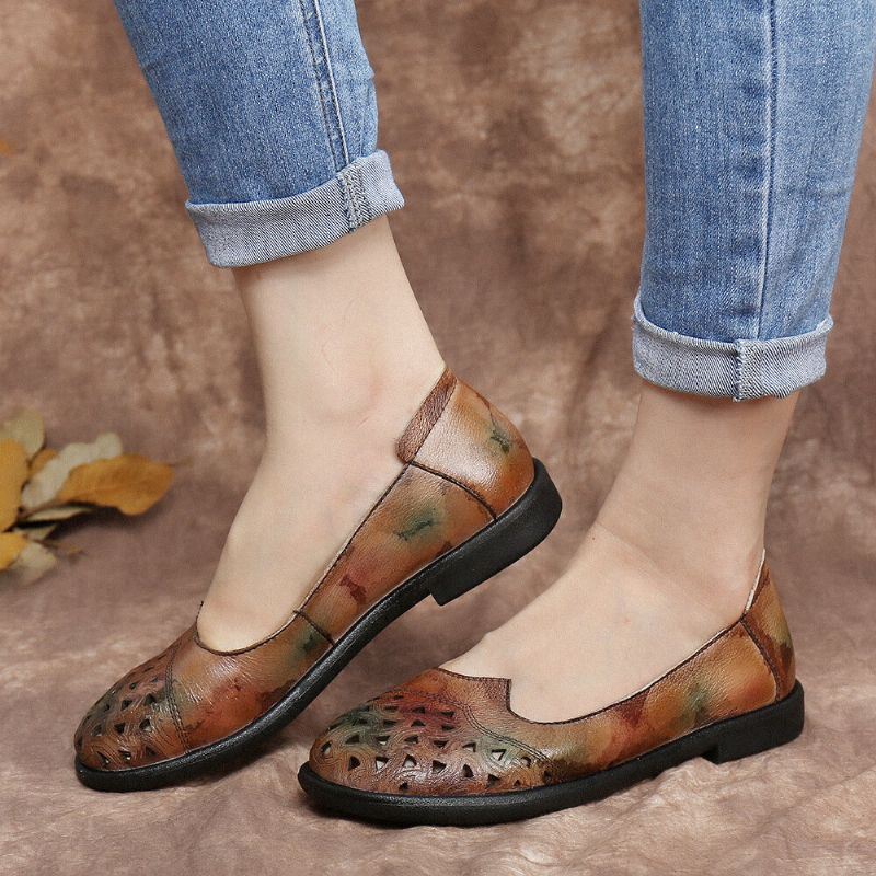 Boheemse Leer Hollow Tie-dyed Soft Casual Instappers Platte Schoenen Voor Dames