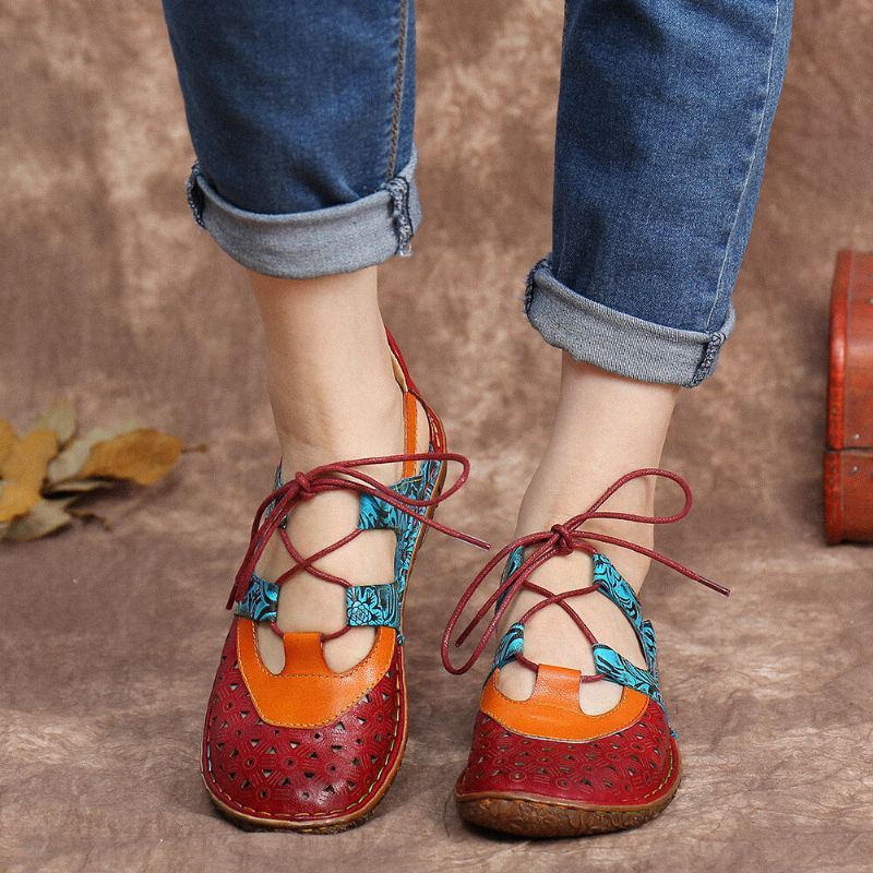 Bohemian Colorblock Zachte Leren Uitsnijdingen Floral Lace-up Platte Schoenen