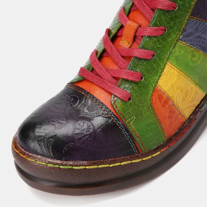 Casual Lace Up Regenboog Print Stiksels Loafers Schoenen Dames Lederen Comfortabele Flats