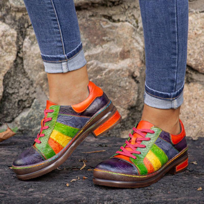 Casual Lace Up Regenboog Print Stiksels Loafers Schoenen Dames Lederen Comfortabele Flats