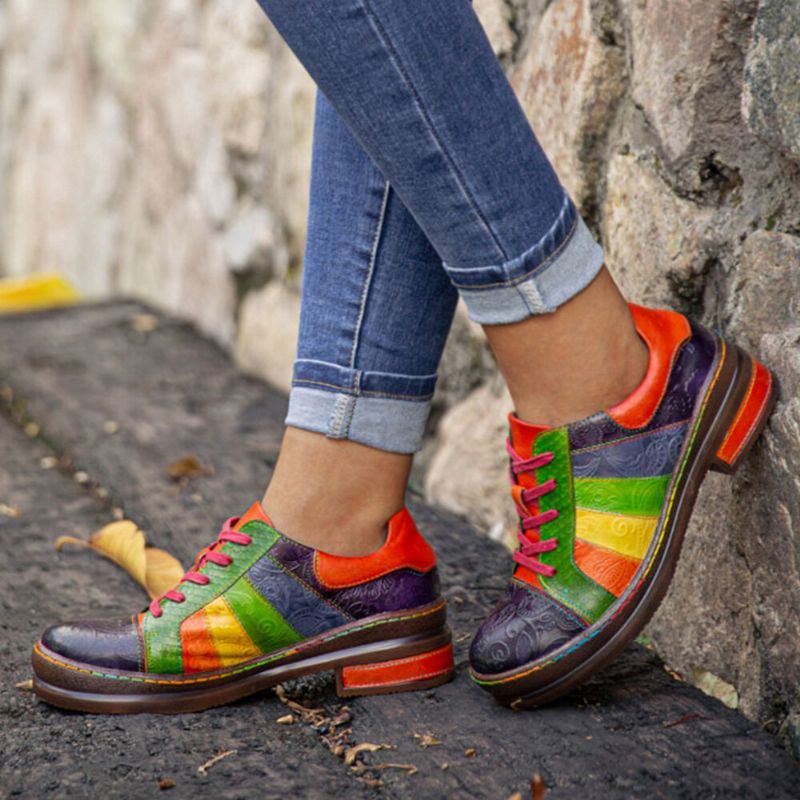 Casual Lace Up Regenboog Print Stiksels Loafers Schoenen Dames Lederen Comfortabele Flats