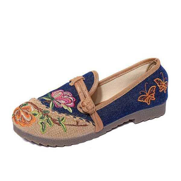 Chinese Bloem Geborduurde Retro Slip Op Platte Schoenen Met Ronde Neus Voor Dames