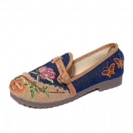 Chinese Bloem Geborduurde Retro Slip Op Platte Schoenen Met Ronde Neus Voor Dames