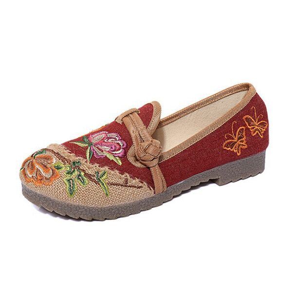 Chinese Bloem Geborduurde Retro Slip Op Platte Schoenen Met Ronde Neus Voor Dames