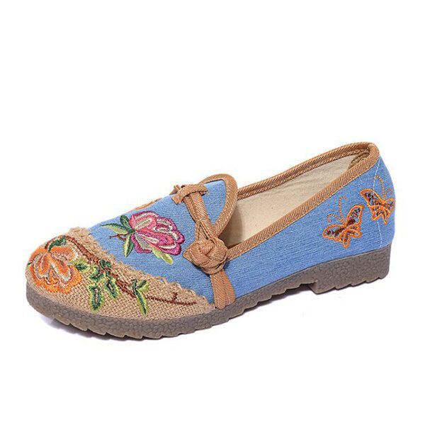 Chinese Bloem Geborduurde Retro Slip Op Platte Schoenen Met Ronde Neus Voor Dames